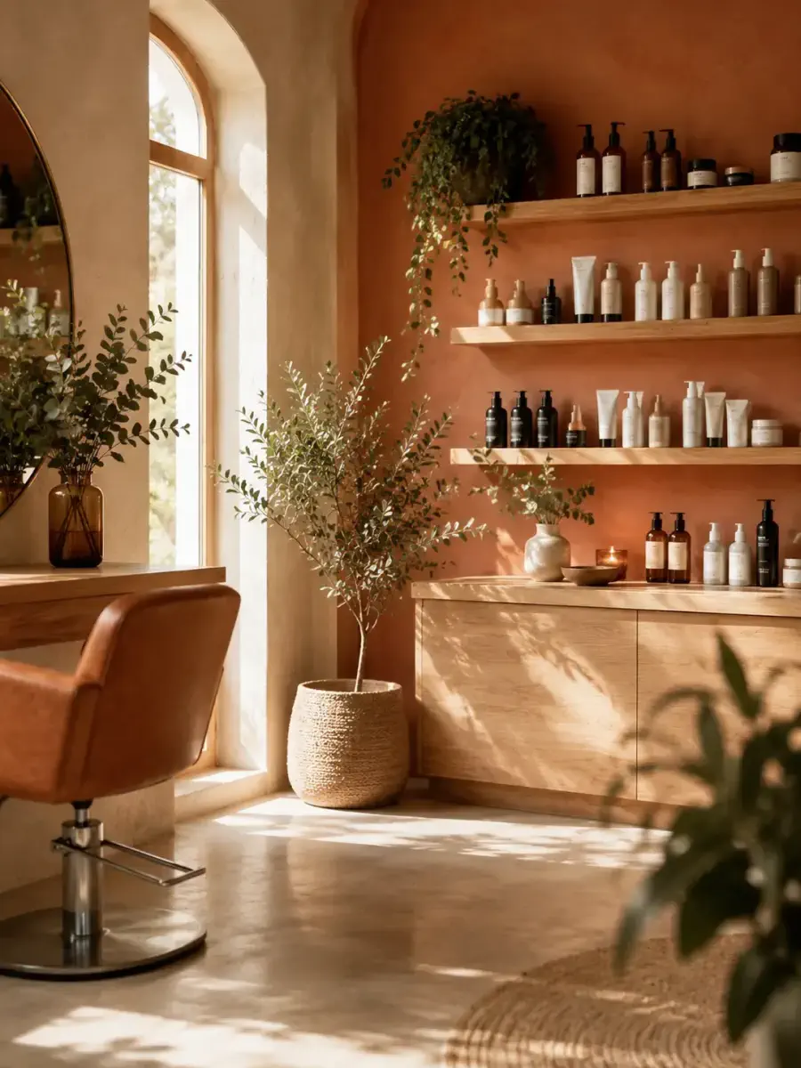 Colț din interiorul Atelier Mira cu produse profesionale și plante